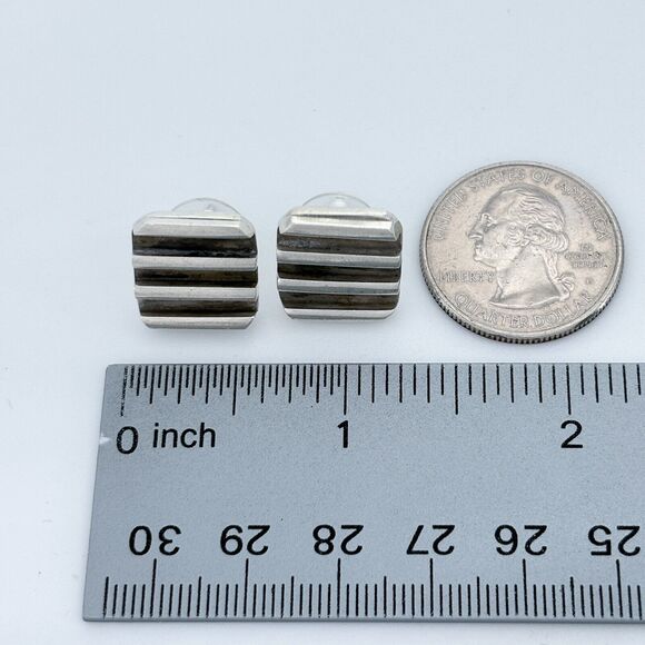 Vintage Sterling Silver 925 Striped Ridged Square Stud Earrings - Picture 4 of 5